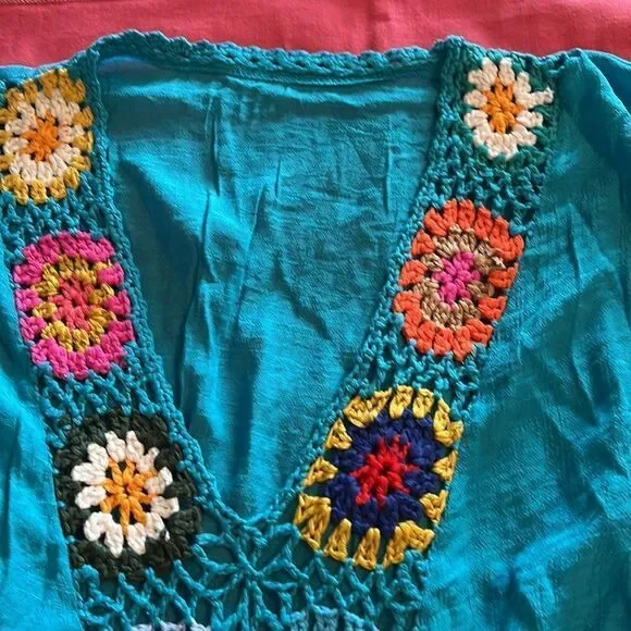 Turquoise maxi coverup with granny squares. One Size. - Picture 7 of 7